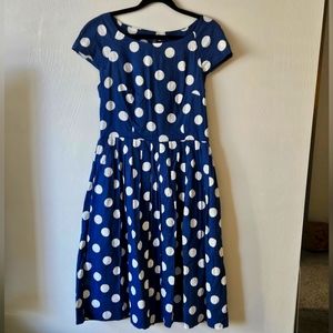 Modcloth Emily and Fin blue white polka dot fit flare cap sleeve dress size M